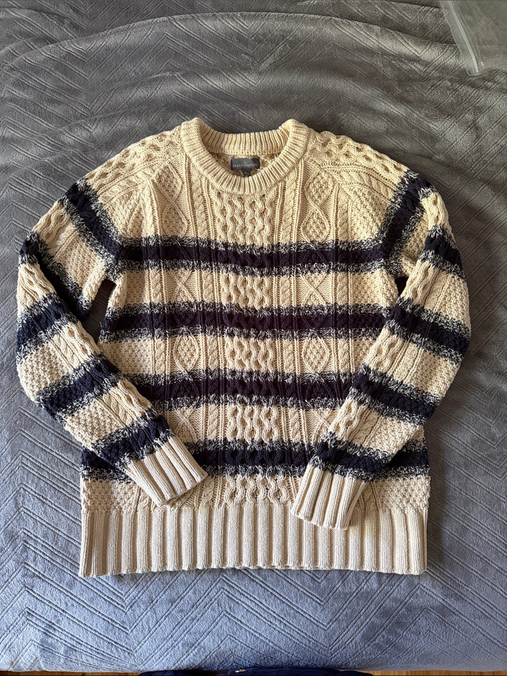 L.L. Bean Signature Cotton Fisherman Cable Knit Sweater Cream Navy Stripe Large - Picture 2 of 12